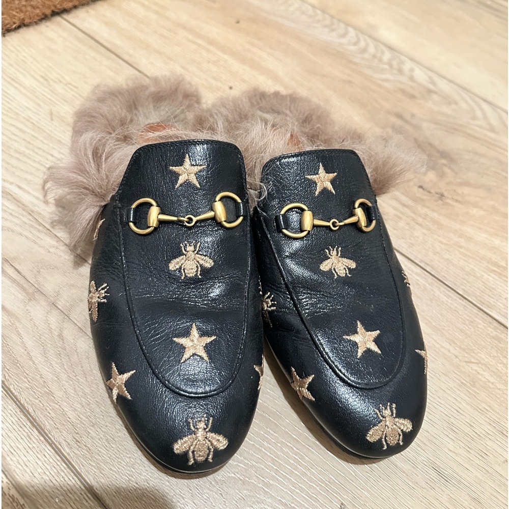 Gucci Bee Star Princetown Fur Slippers